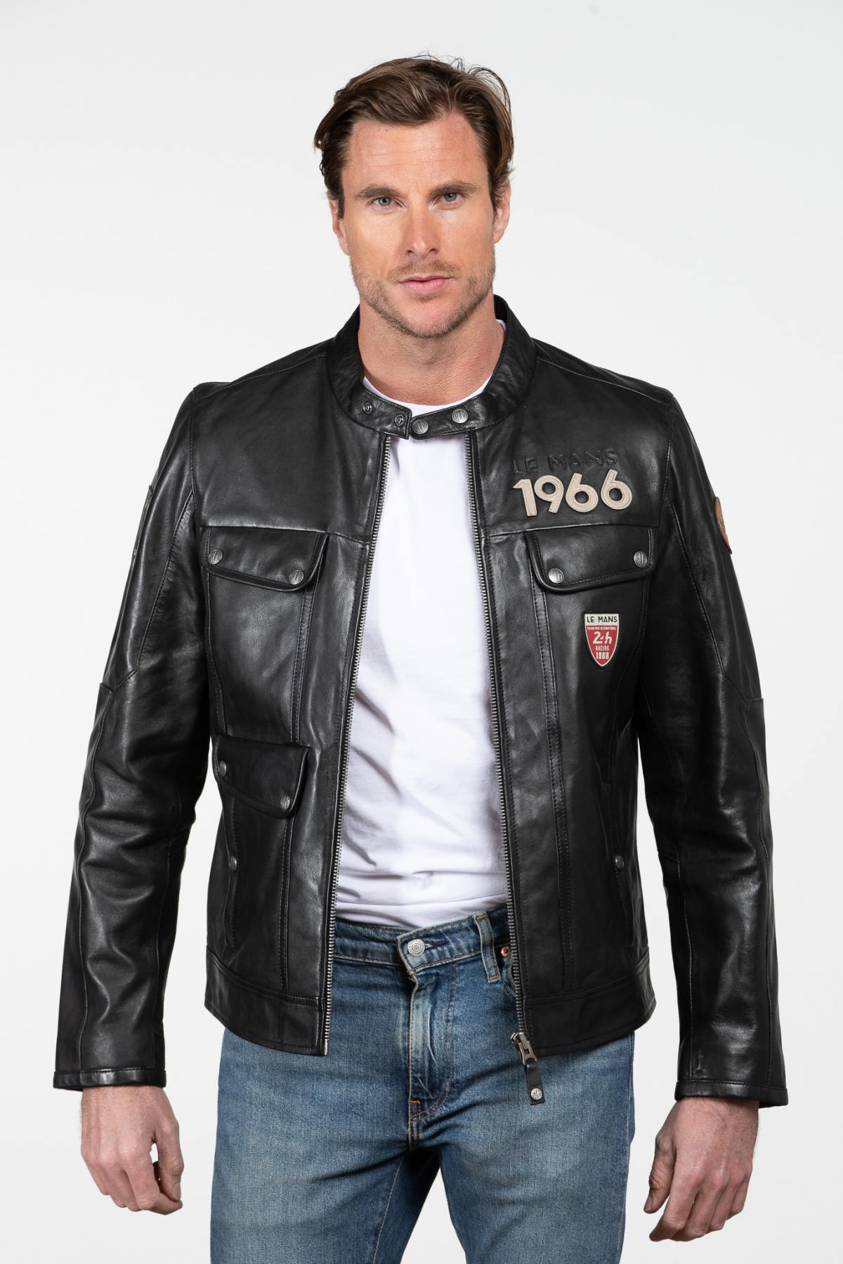 Black leather jacket with a biker collar and multiple pockets - Image n°4
