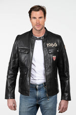 Black leather jacket with a biker collar and multiple pockets - Image n°4