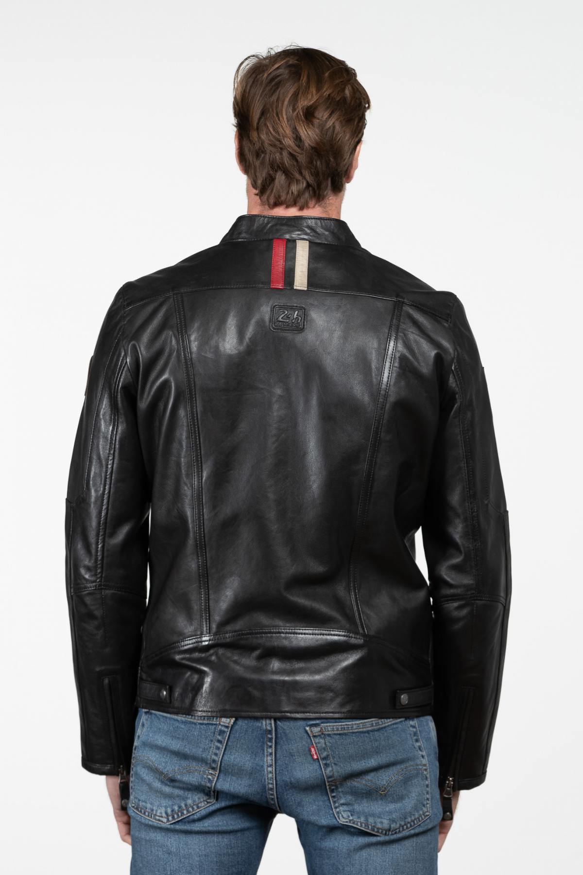 Black leather jacket with a biker collar and multiple pockets - Image n°2