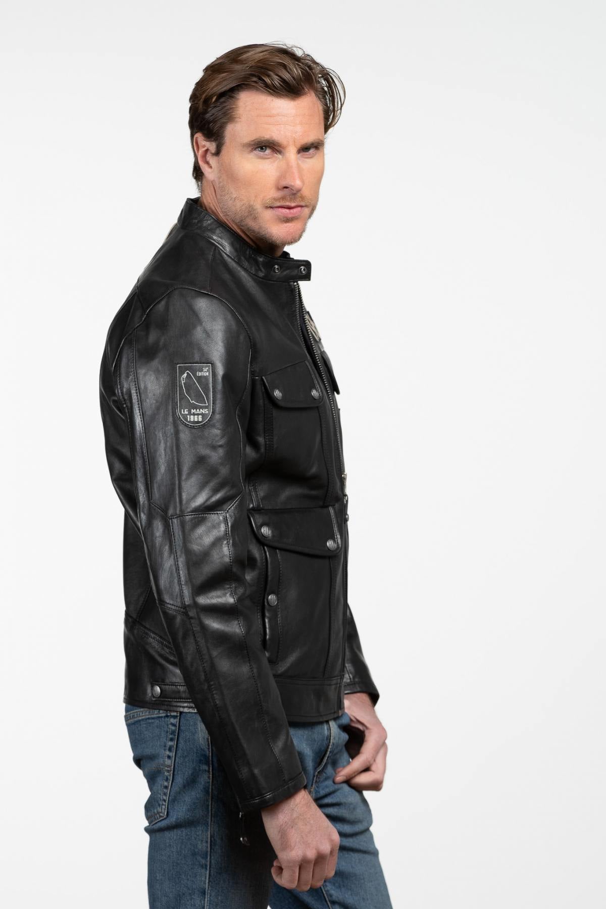 Black leather jacket with a biker collar and multiple pockets - Image n°5