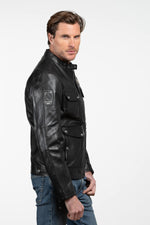 Black leather jacket with a biker collar and multiple pockets - Image n°5
