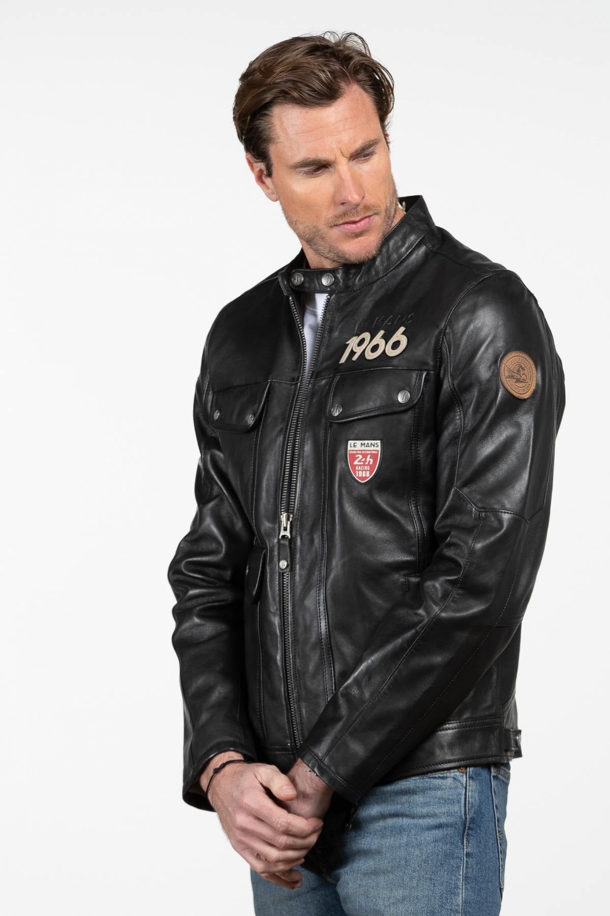 Black leather jacket with a biker collar and multiple pockets - Image n°3
