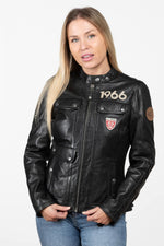 Women's black multi-pocket leather racing jacket - Image n°1