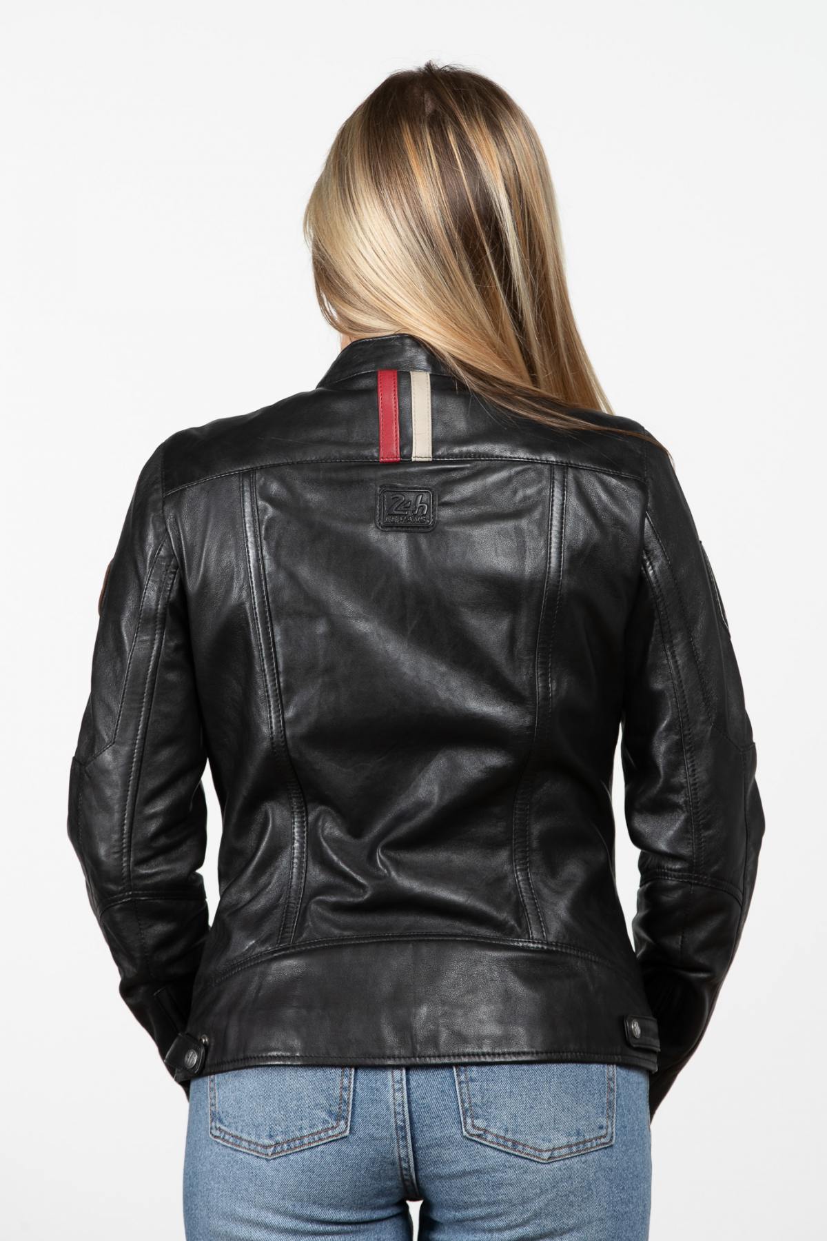 Women's black multi-pocket leather racing jacket - Image n°3