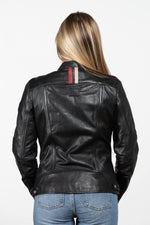 Women's black multi-pocket leather racing jacket - Image n°3