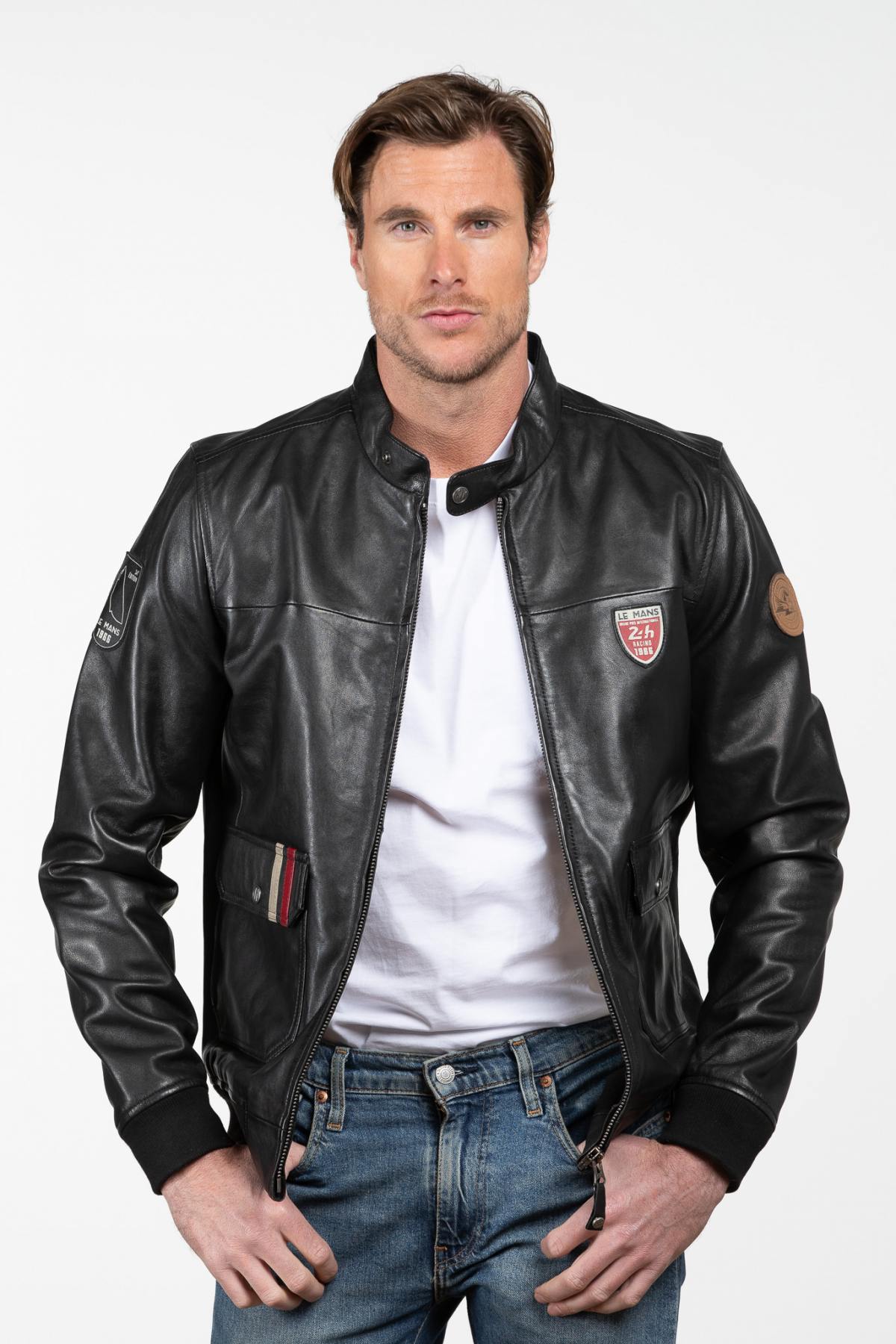 Men's black 24h Le Mans racing leather jacket - Image n°1