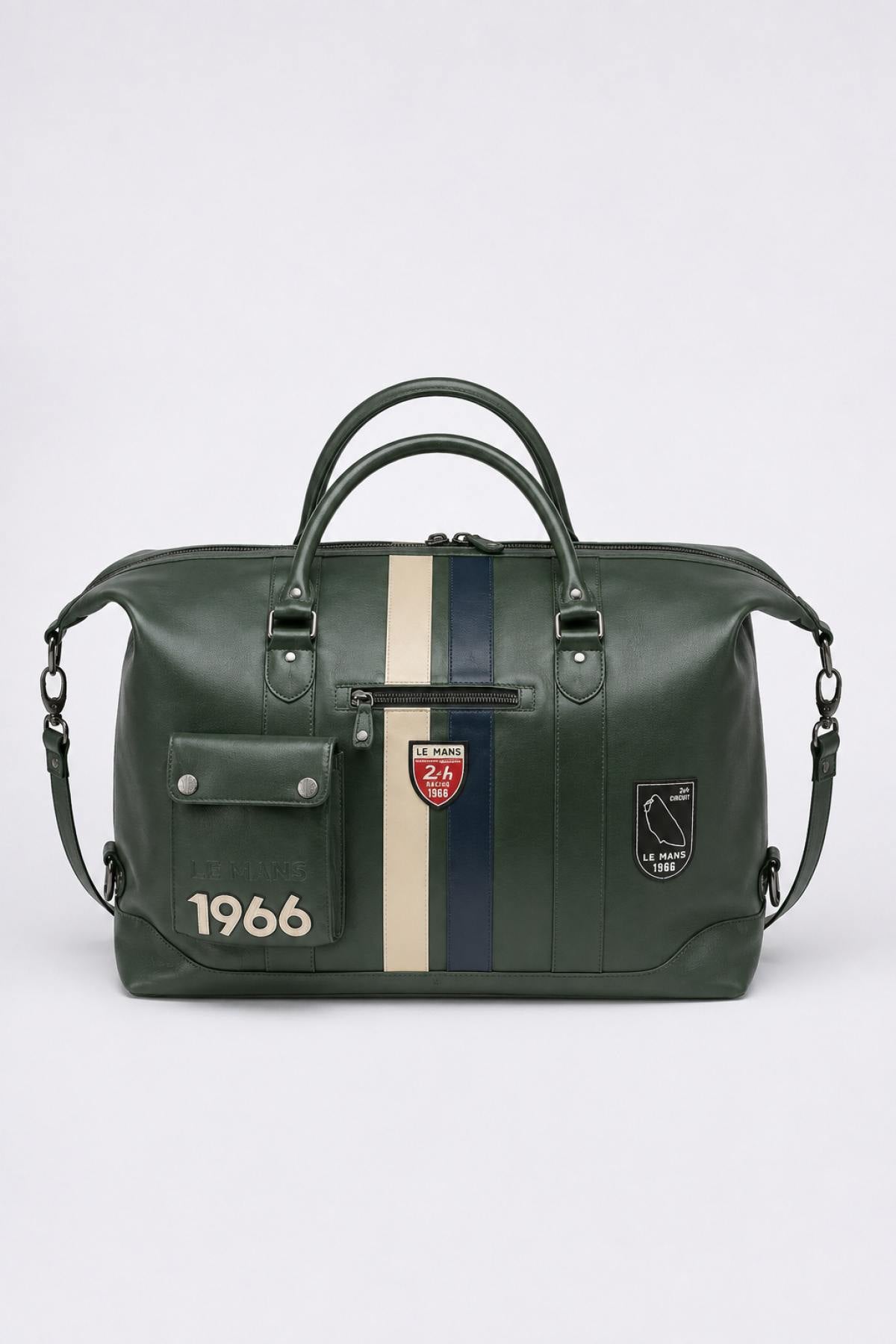 Green leather racing-style 48-hour travel bag - Image n°1