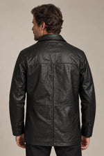 Black buttoned mid-length leather jacket - Image n°2