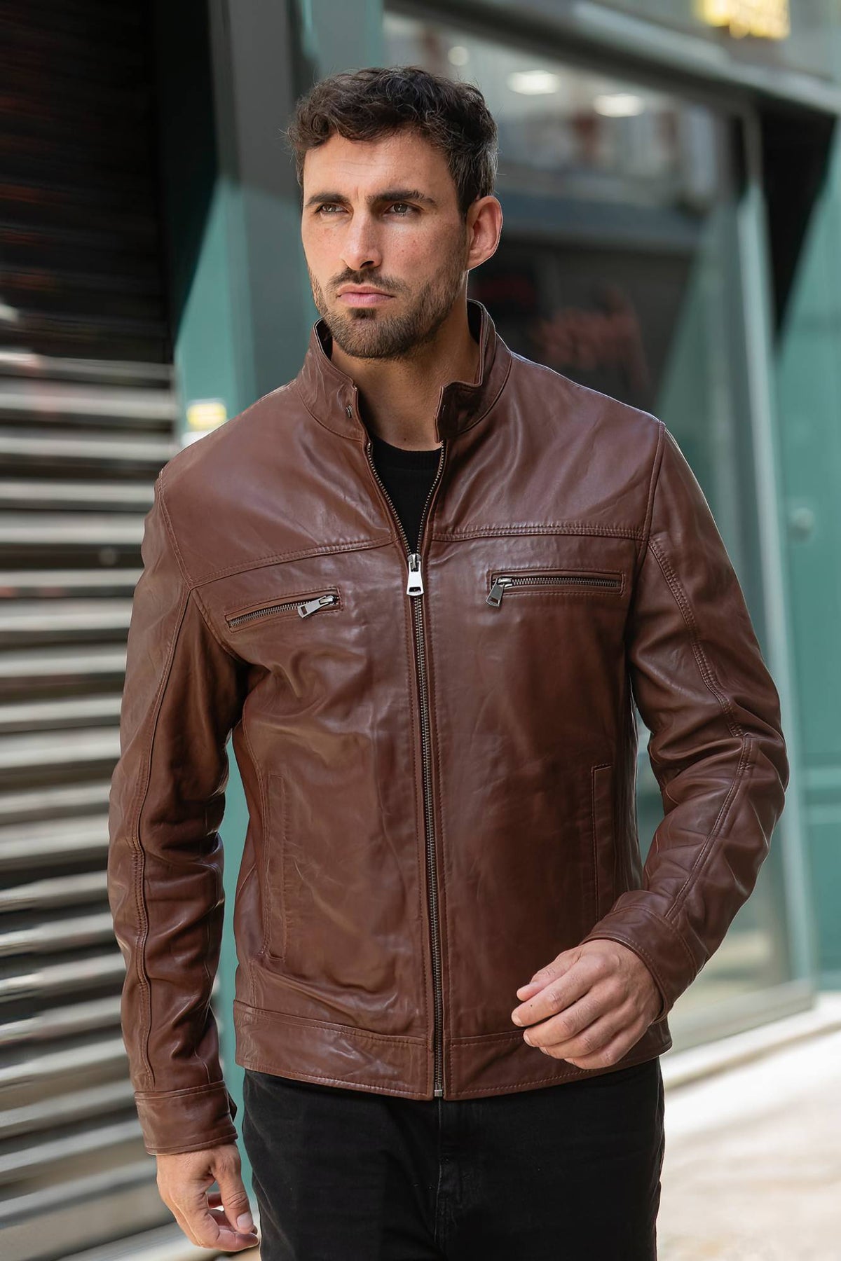Mocca-colored leather jacket with biker collar - Image n°1