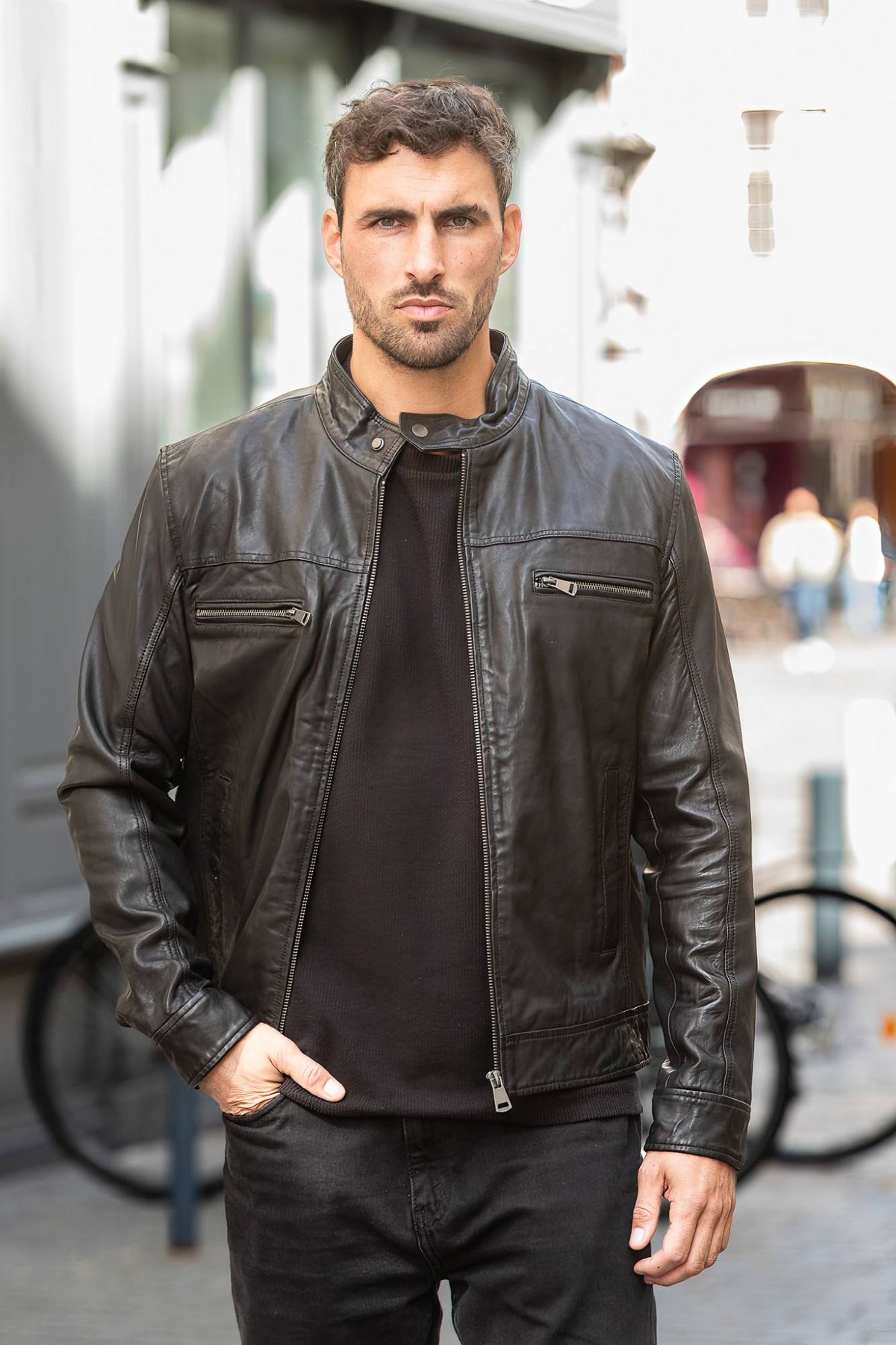 Black leather biker collar jacket - Image n°7