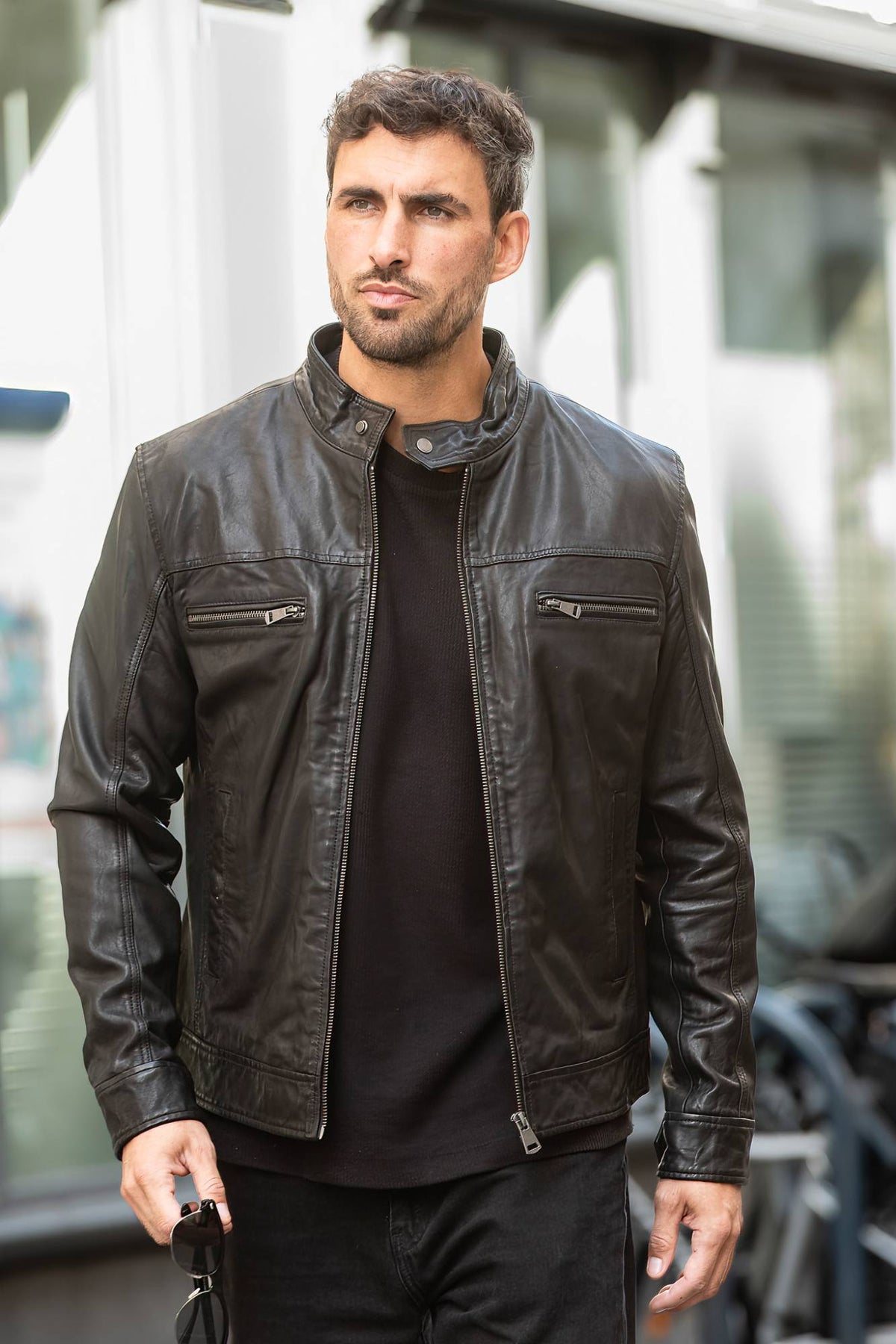 Black leather biker collar jacket - Image n°1