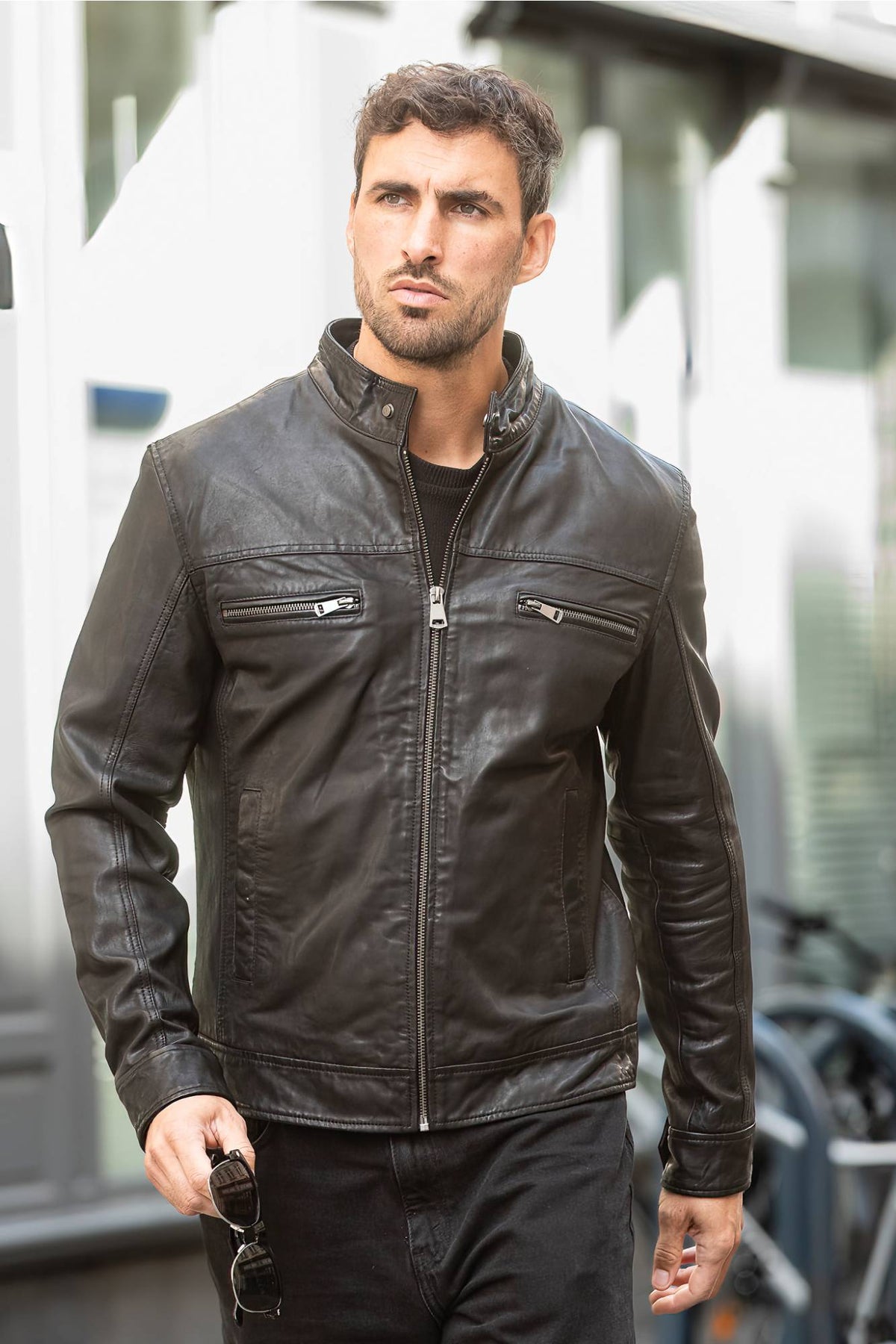 Black leather biker collar jacket - Image n°4