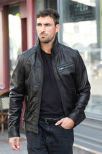 Black leather jacket with stand-up collar - Image n°8