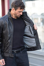 Black leather jacket with stand-up collar - Image n°7
