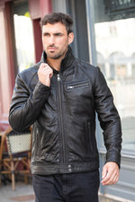 Black leather jacket with stand-up collar - Image n°1