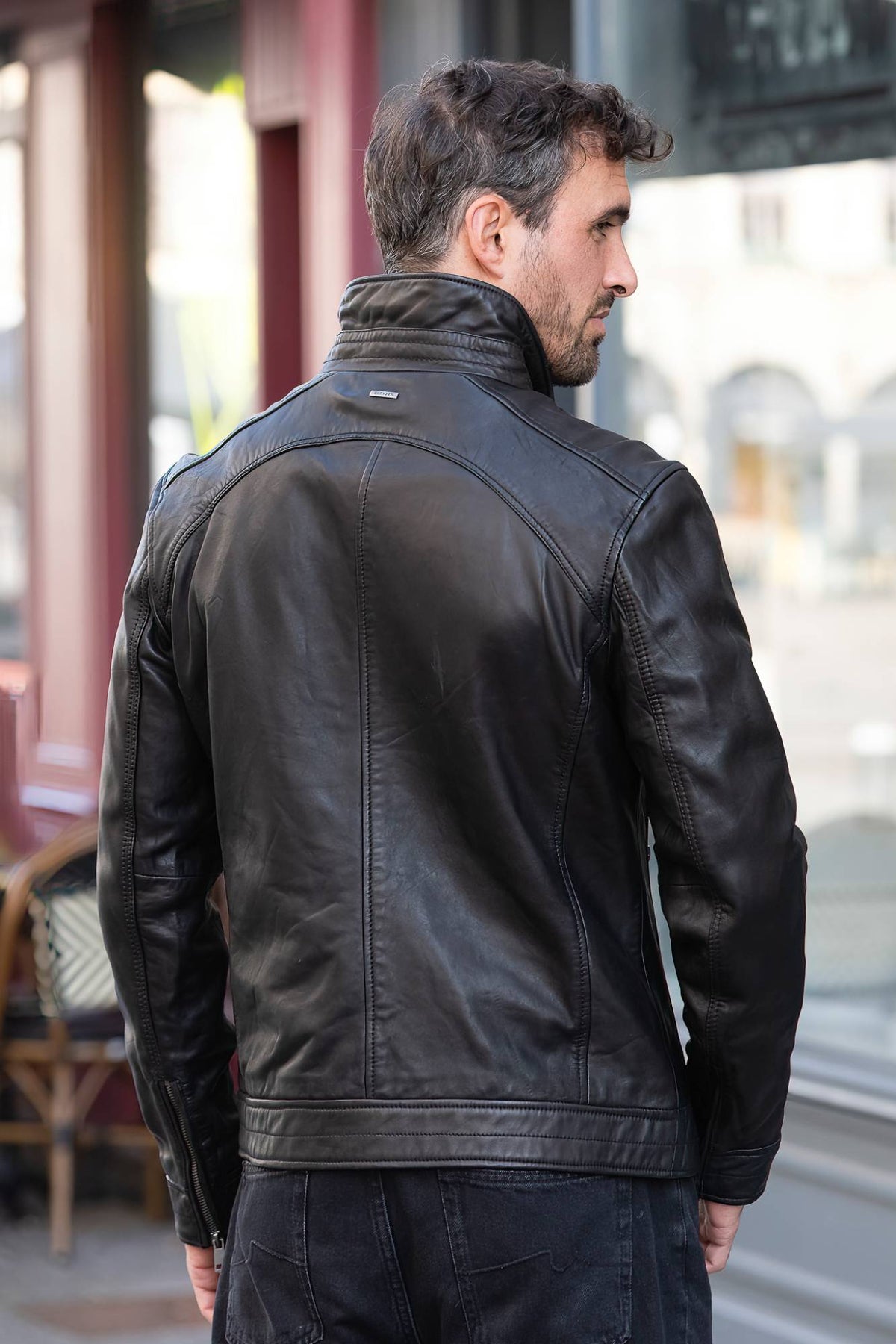 Black leather jacket with stand-up collar - Image n°3