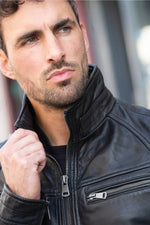 Black leather jacket with stand-up collar - Image n°2