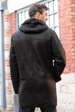 Black hooded long coat in shearling leather - Image n°2