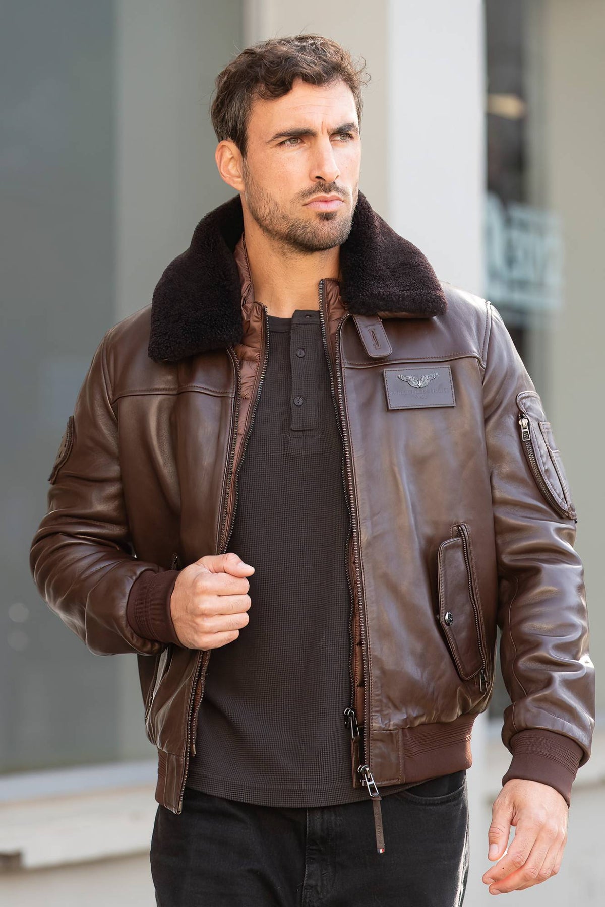 Leather flight jacket with a quilted padded bib in coffee brown - Image n°7