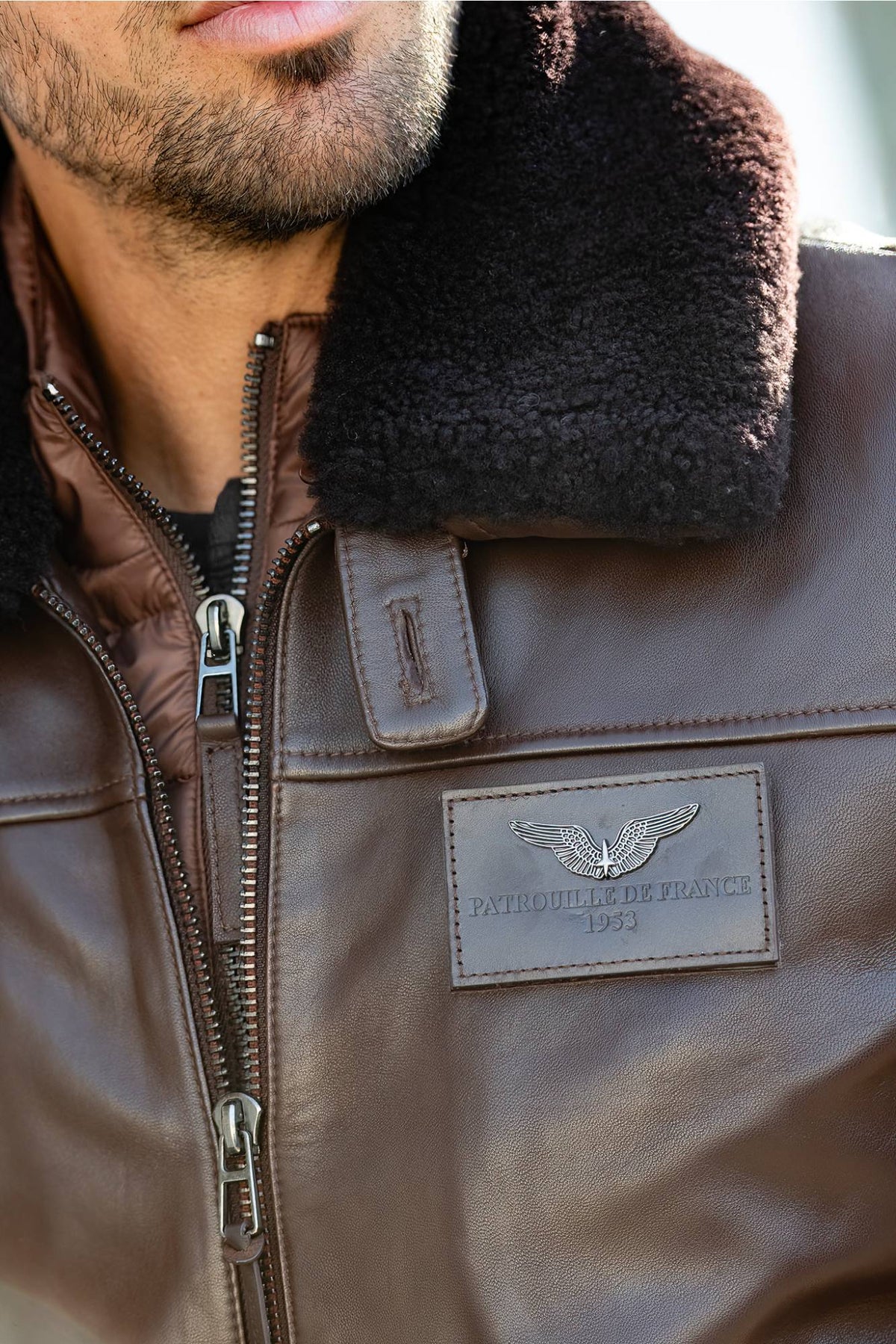 Leather flight jacket with a quilted padded bib in coffee brown - Image n°2