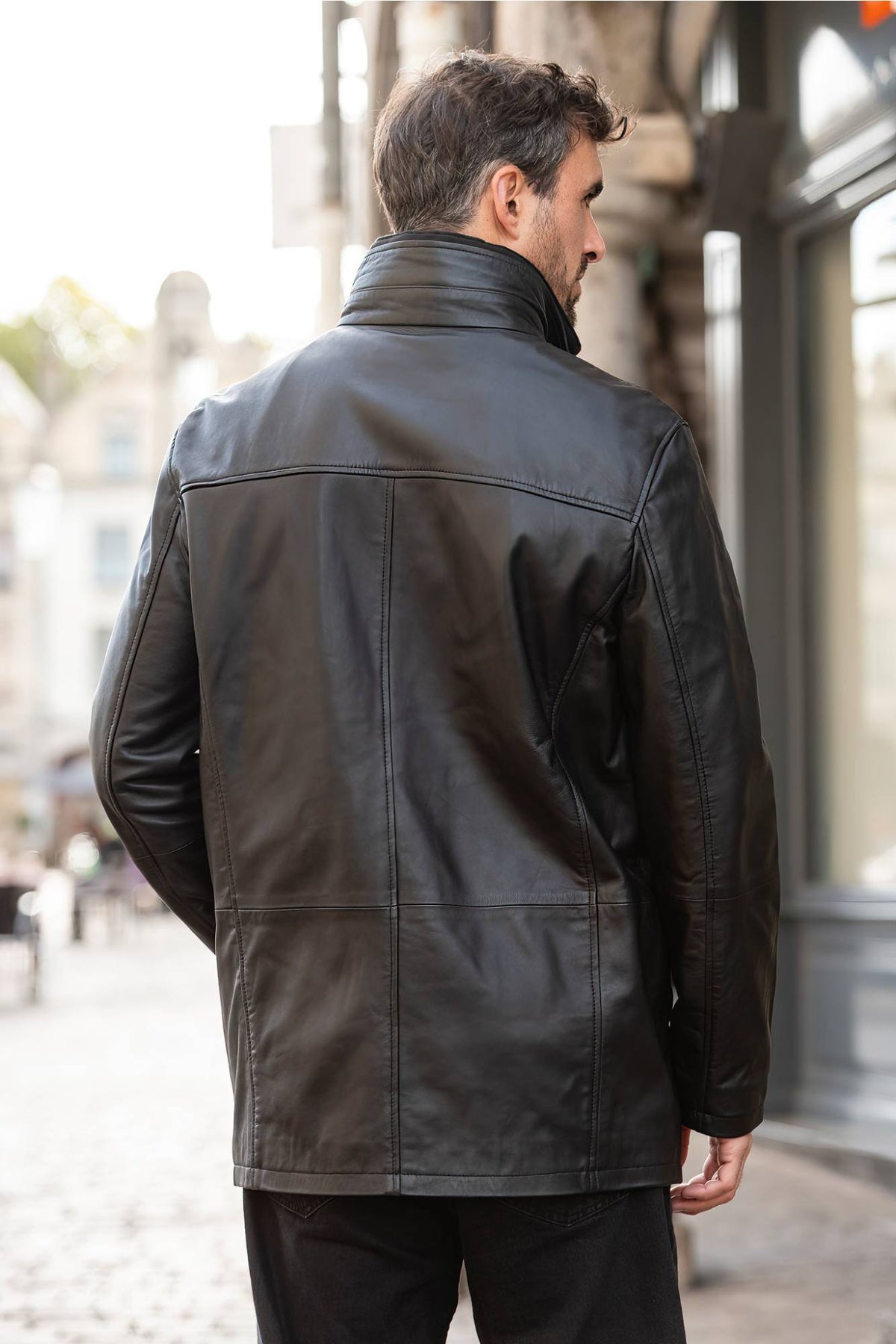 Black leather coat with removable cotton facing - Image n°5