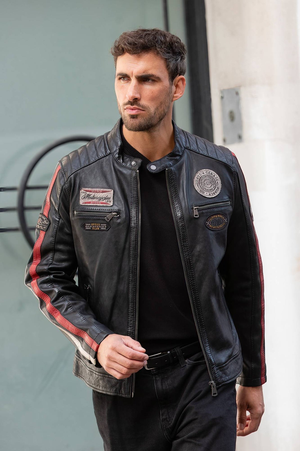 Vintage-style black sheepskin leather biker jacket - Image n°3
