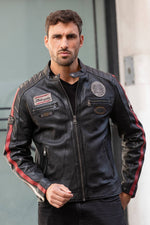 Vintage-style black sheepskin leather biker jacket - Image n°1
