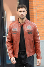 Orange sheepskin leather biker jacket - Image n°4