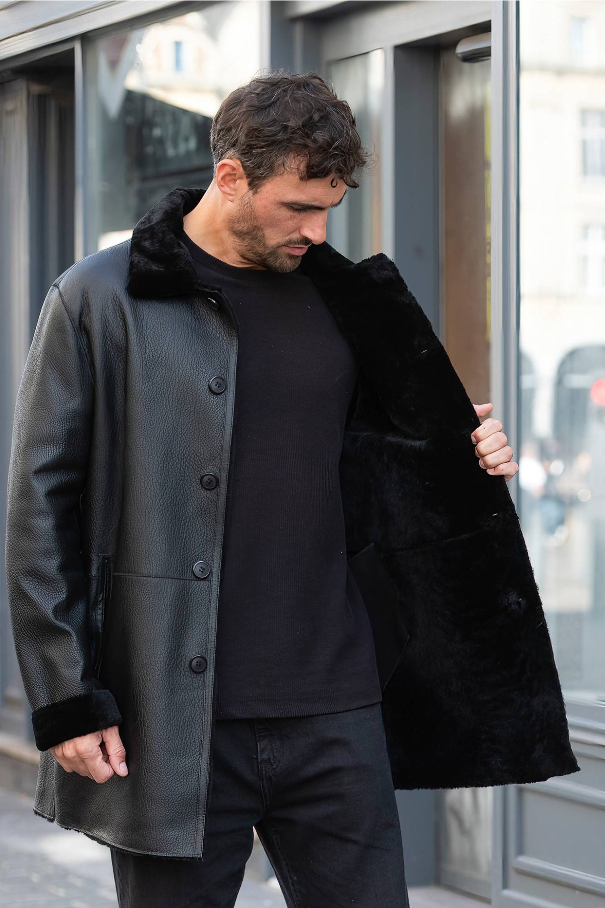 Black long shearling leather coat - Image n°6