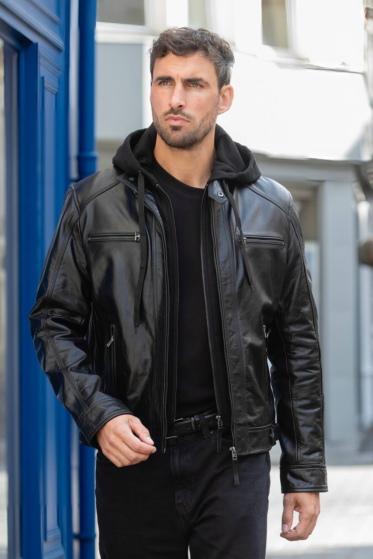 Black buffalo leather jacket with front facing and removable hood - Image n°1