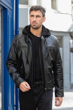Black buffalo leather jacket with front facing and removable hood - Image n°1