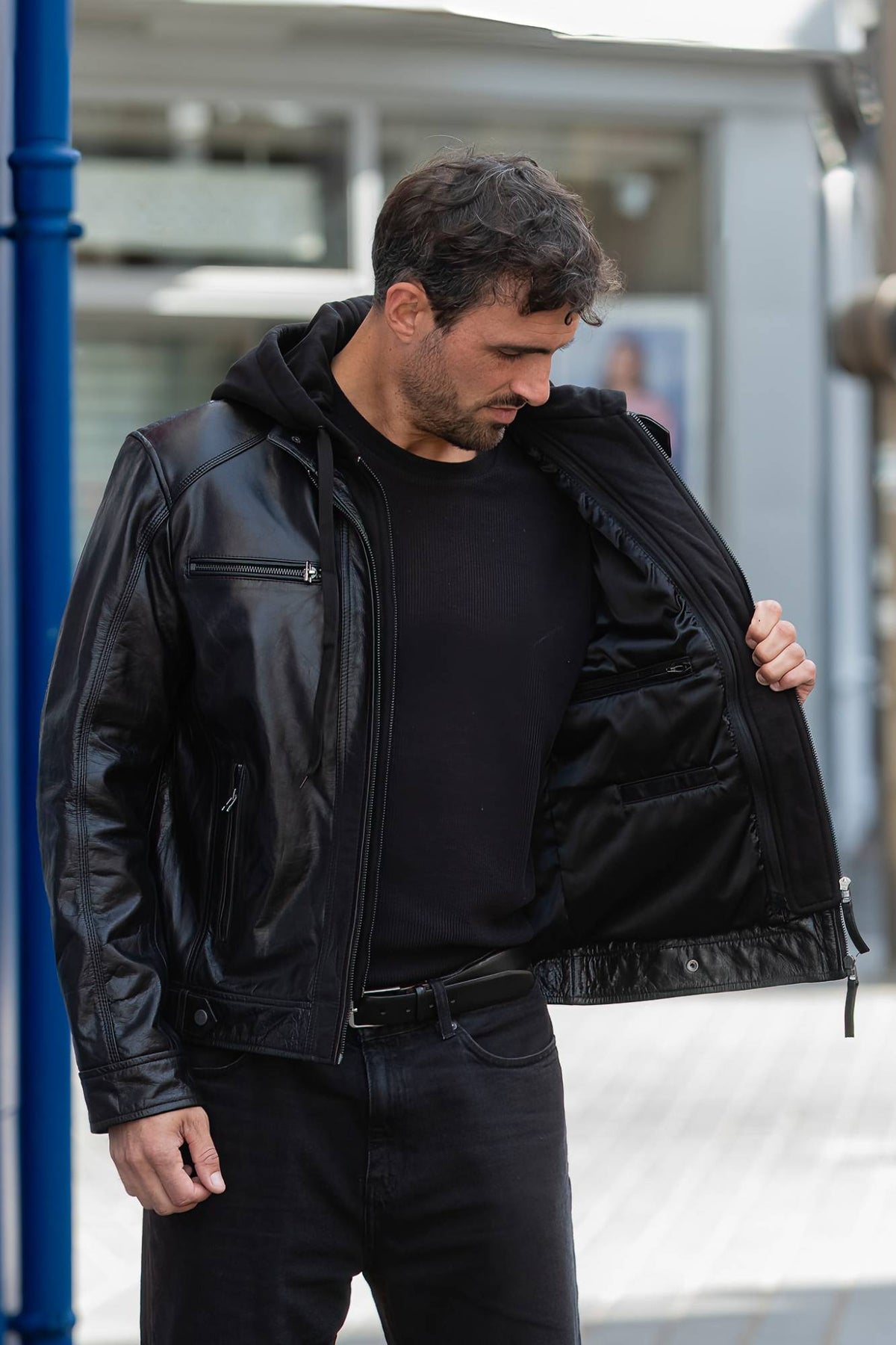 Black buffalo leather jacket with front facing and removable hood - Image n°6