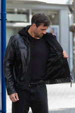 Black buffalo leather jacket with front facing and removable hood - Image n°6