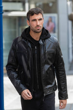 Black buffalo leather jacket with front facing and removable hood - Image n°5
