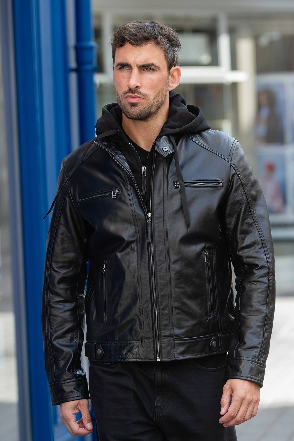 Black buffalo leather jacket with front facing and removable hood - Image n°2