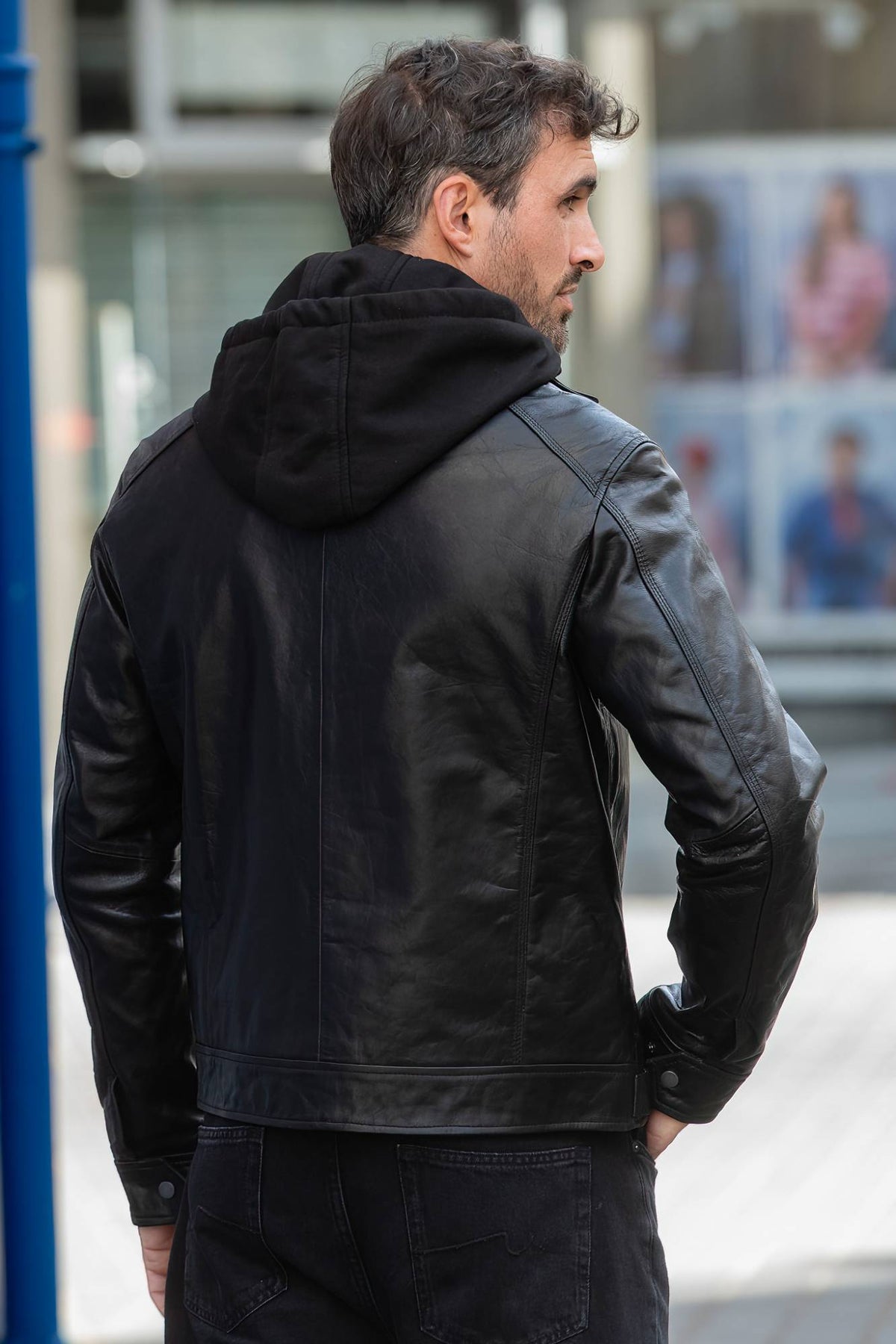 Black buffalo leather jacket with front facing and removable hood - Image n°4