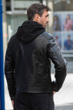 Black buffalo leather jacket with front facing and removable hood - Image n°4