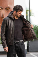 Brown round-neck leather jacket with removable polyester hood - Image n°6
