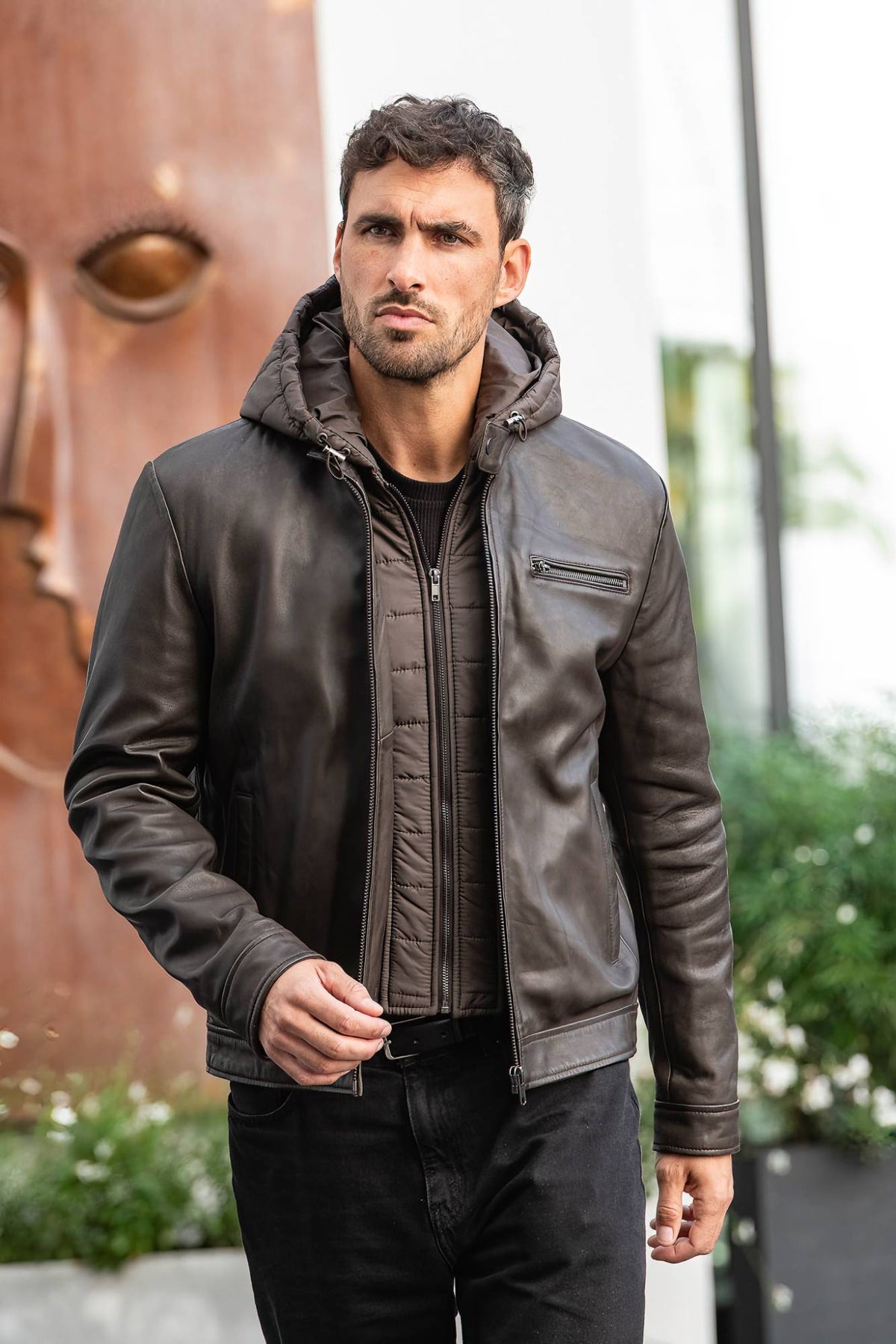 Brown round-neck leather jacket with removable polyester hood - Image n°1