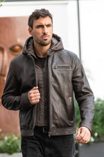 Brown round-neck leather jacket with removable polyester hood - Image n°7
