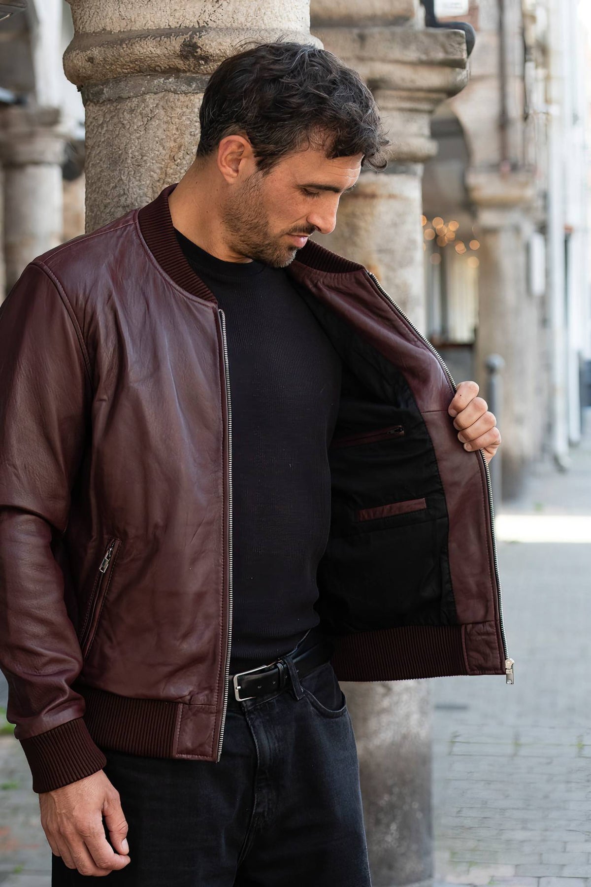 Burgundy sheep leather jacket with 100% cotton lining - Image n°5