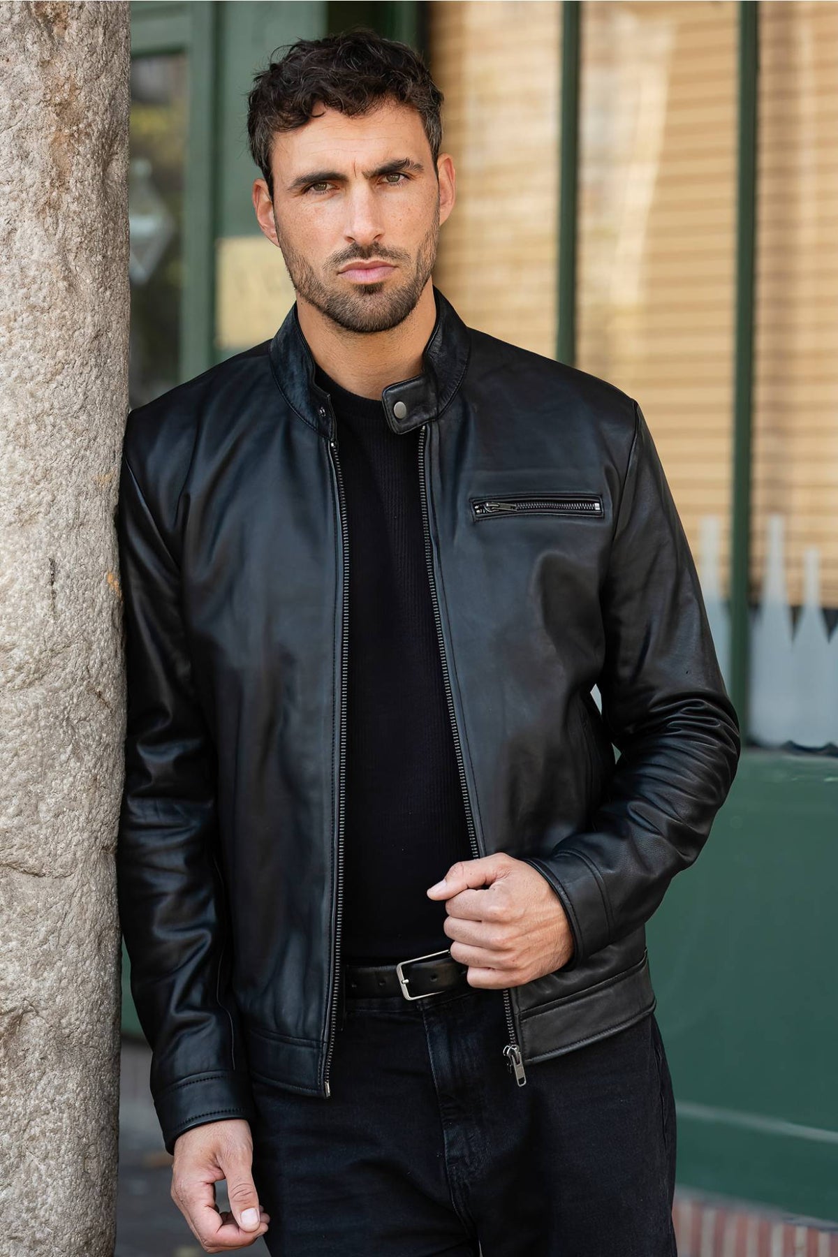 Black leather jacket with round collar and removable hood - Image n°7