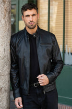 Black leather jacket with round collar and removable hood - Image n°7