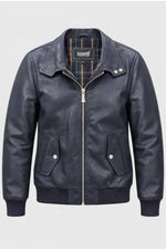 Iconic navy blue leather jacket with tartan lining - Image n°2