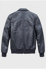 Iconic navy blue leather jacket with tartan lining - Image n°3