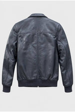 Iconic navy blue leather jacket with tartan lining - Image n°3