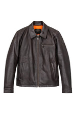 Brown leather jacket with shirt collar and orange lining - Image n°3
