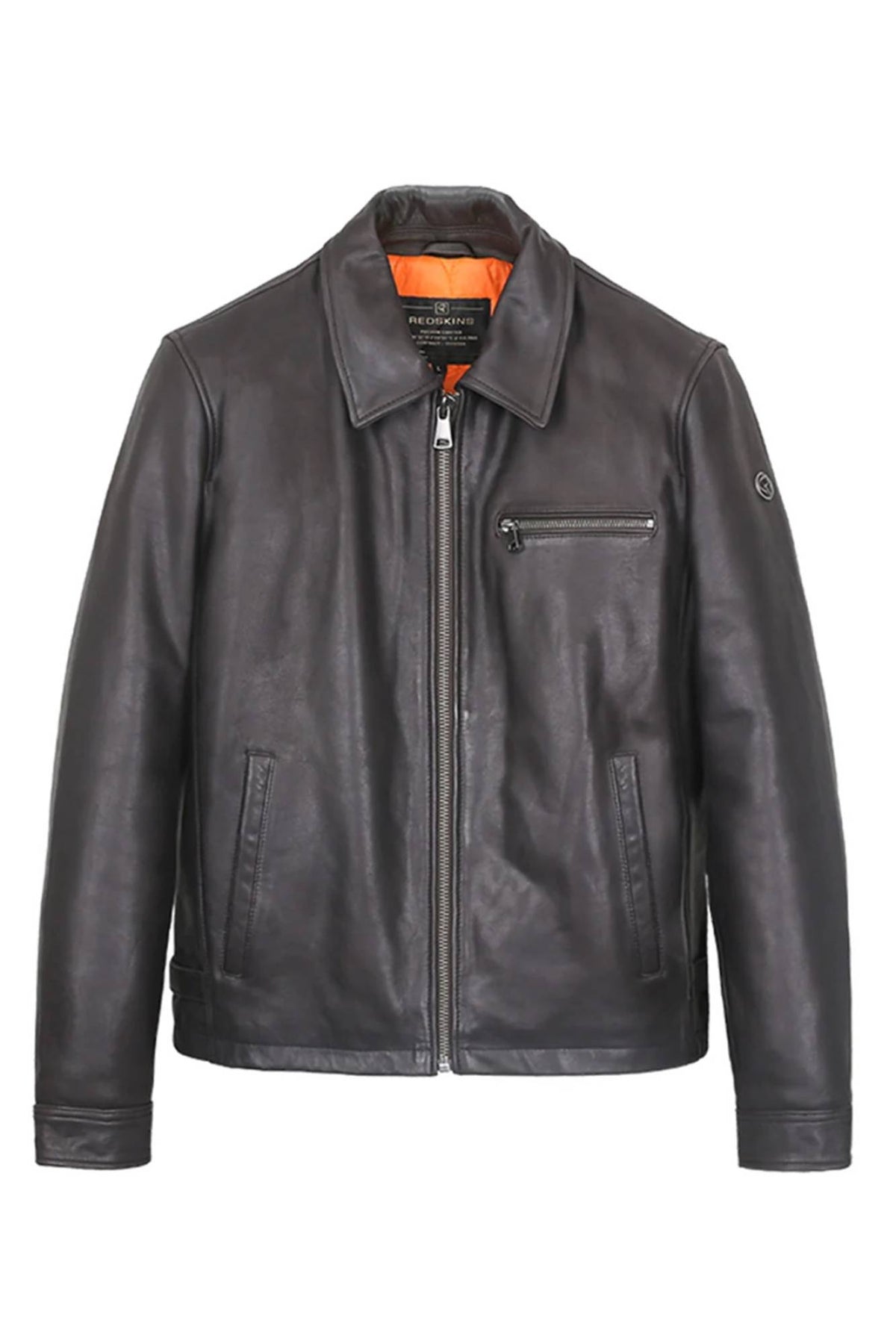 Black leather jacket with shirt collar and orange lining - Image n°1
