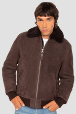 Brown shearling leather flight jacket - Image n°1