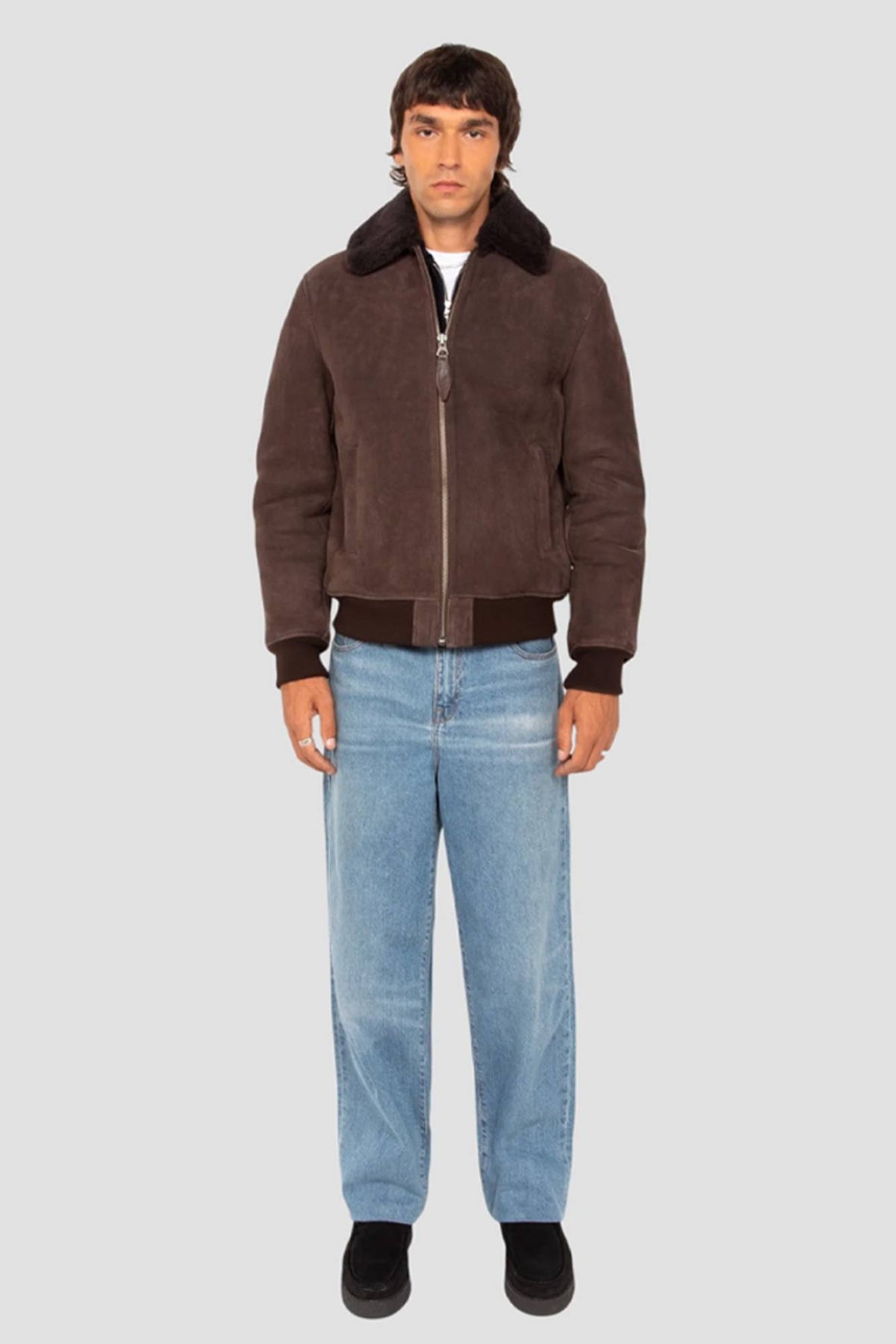 Brown shearling leather flight jacket - Image n°7
